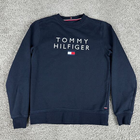 Tommy Hilfiger Sweatshirt Mens Small Blue White Flag Logo Pullover Crewneck - Picture 1 of 9